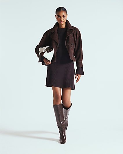 Brown Long Sleeve Knitted Mini Dress