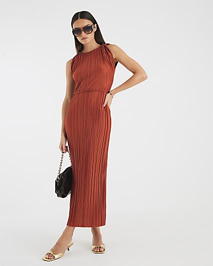 Orange Sleeveless Plisse Belted Midi Dress